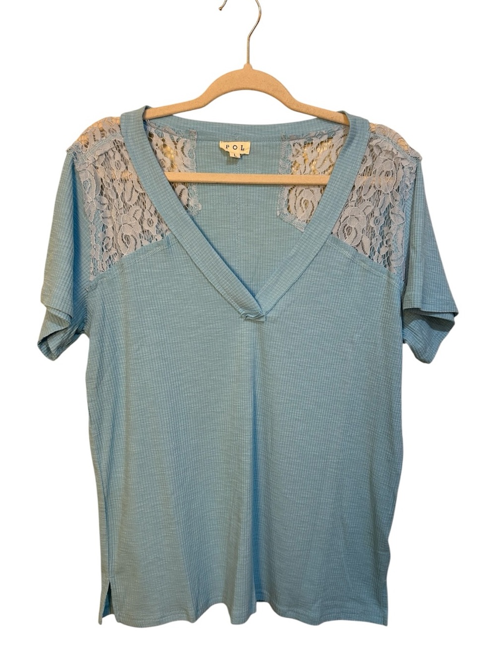 POL Powder Blue Lace-Trim V-Neck Top - Picture 1 of 7